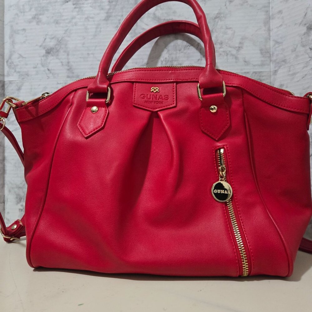 Gunas New York Vegan Leather Red Handbag With Gold Hardware & Zipper Detail